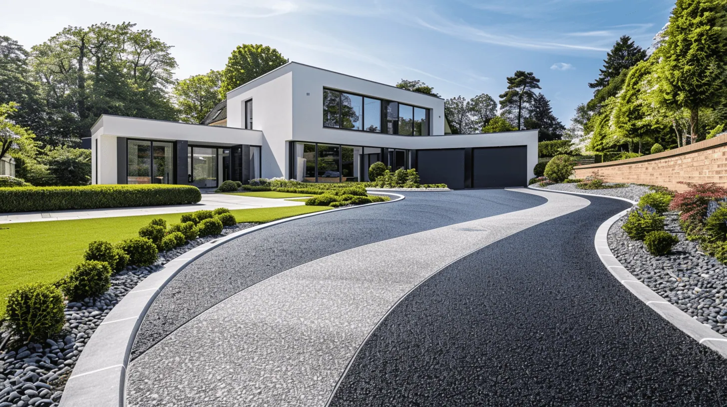 Sweeping curved two-tone resin bound driveway in front of a modern home